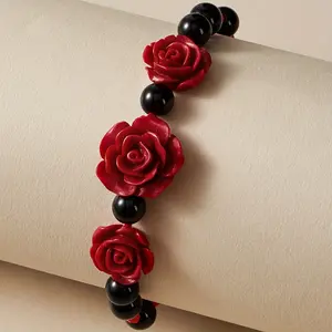 One Piece Red Rose & Black Bead Bracelet, Adjustable Fashion Hand Jewelry Decoration