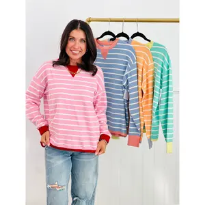Contrast Trim Striped Sweater Top (Reg.)-4 Colors