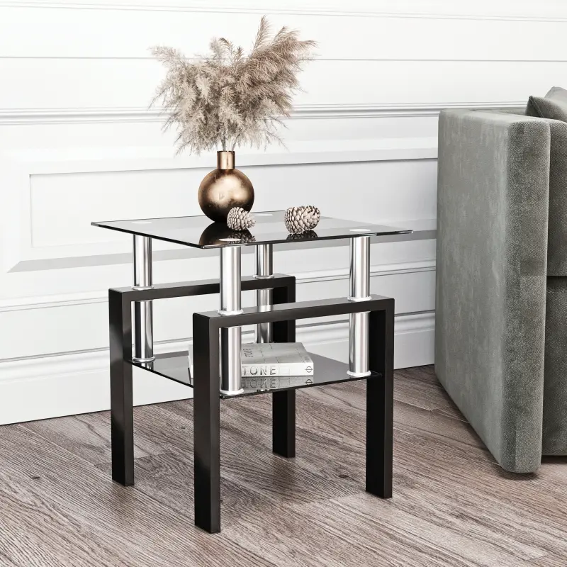 Modern End Tables, Small Glass Top End Table, Side Table, Square Shape, Tempered Glass Top, Metal Frame, for Living Room Bedroom (1Pcs)