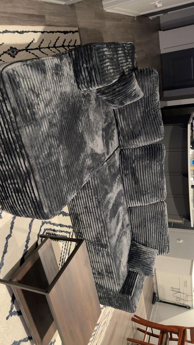 Item: Grey Plush Corduroy Left Chaise, With Ottoman