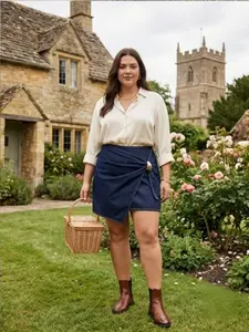 Plus Size Wraparound Denim Mini Skirt, Knot Detail, High Waist, Casual Vacation Wear, Stylish and Comfortable, Perfect for Summer