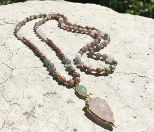 Rare Raw Rose Quartz Mala Hand-Knotted Arrowhead Charm Healing Women Necklace