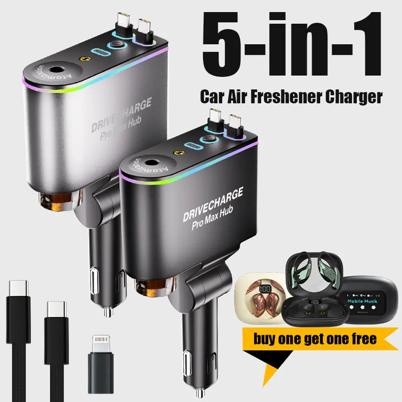 Drivecharge 5-in-1 Car Air Freshener Charger with Intelligent Sensing & Atmosphere Lighting , Plant Extract Formula for Mothers and Youngsters, Vehicle & Travel, Features Intelligent Sensing & Atmosphere Lighting