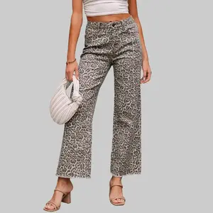 Women's Leopard Print High Waisted Jeans, 2026 New Fashion Stonewash Bootcut Bottoms, Comfortable Wide Leg Raw Hem Non-Stretch Denim, European Styled Brushed Nine-Point Trousers