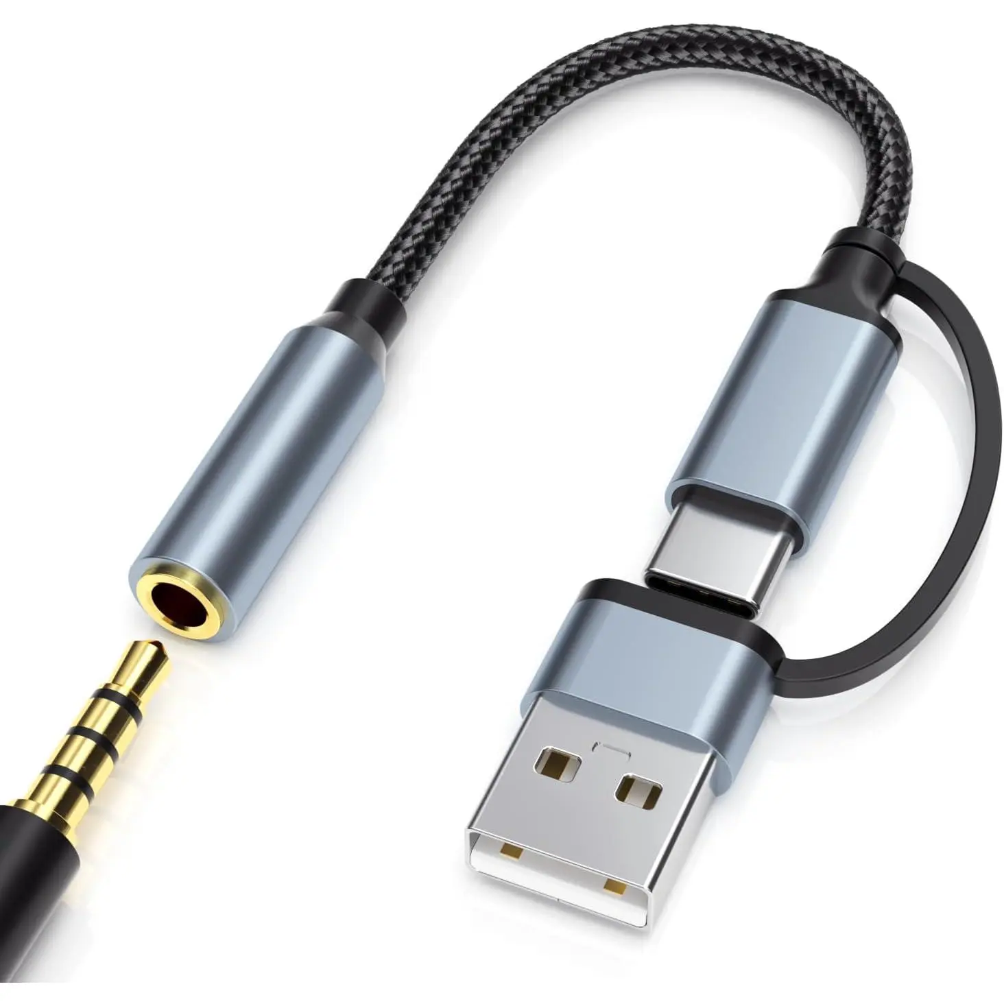 2-in-1 USB-C 3.5mm Audio Adapter with Type-A Converter, Hi-Fi DAC, TRRS Headphone Jack & Mic Support, Nylon Braid Alloy Cord 1/8" AUX Dongle for iPhone 17/16/15, Galaxy Z Flip, Desktop Speakers, iPad, MacBook, PC