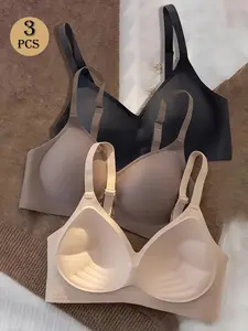 3-Pack Women's Wireless Push-Up Bras, Seamless Wireless Supportive T-Shirt Style Lingerie, Palm Cup Support, Medium Lift, Comfortable Thin Straps
