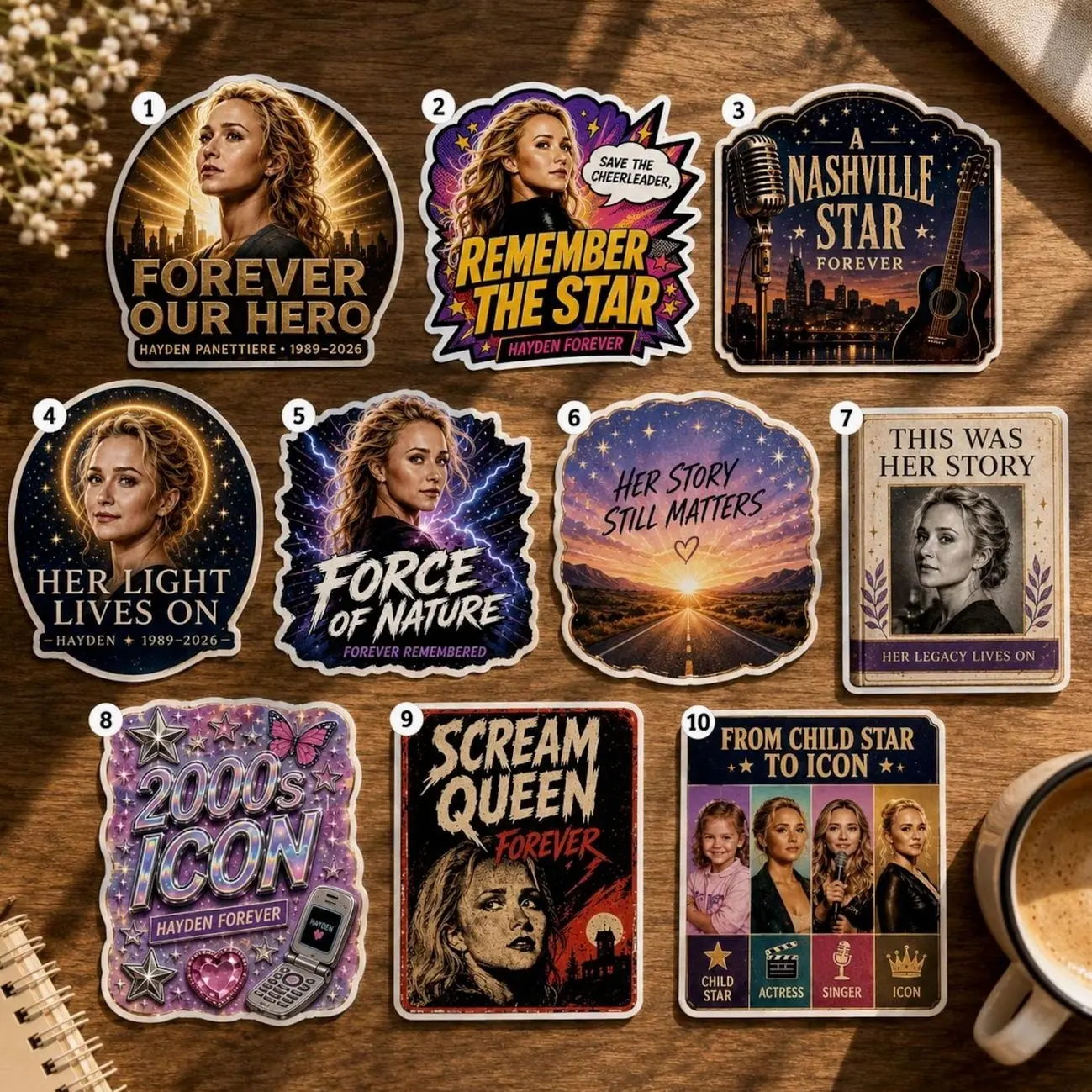 10 ops (not combo 10) Hayden Panettiere Memorial Sticker, Forever Remembered Tribute, Heroes Nashville Actress Fan Gift