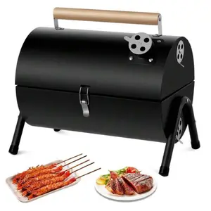 Compact Portable Charcoal Grill Barrel - Double Sided Collapsible Design, Great For Outdoor Cooking And Camping, Black Stainless Steel Smoker With Wooden Handle, Great For Grilling Shrimp, Meats And Vegetables, Outdoor Cooking Grill | Barrel Grill | Easy