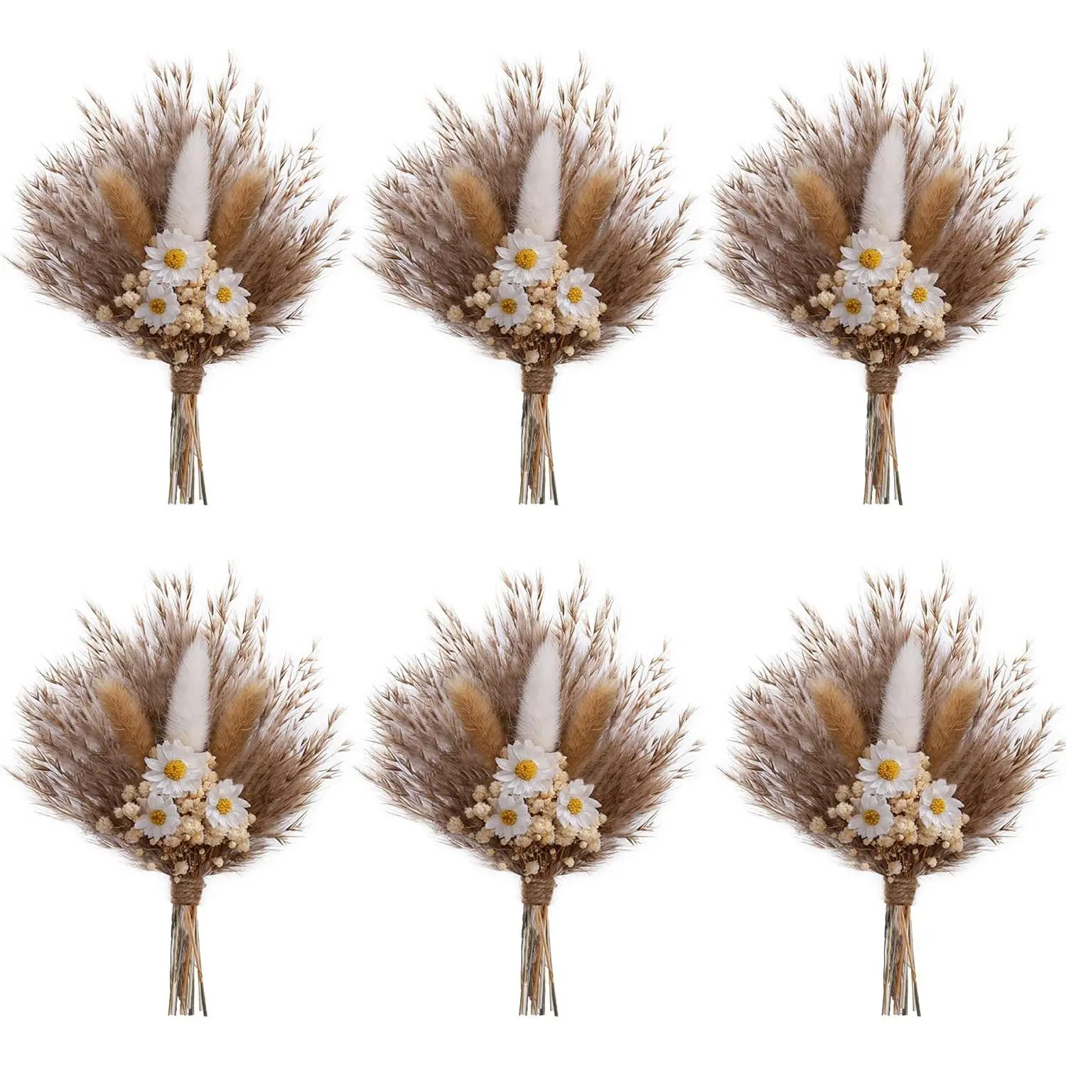 Mini Dried Flower Bouquet Set of 6, Small Pampas Grass, Bohemian Wedding Table Centrepieces, Bridesmaid Flower Girl Proposal Boxes, Birthday Cake, Party Plate Decorations (Brown)