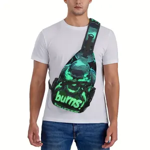 [Made in US] Crossbody Chest Bag Hiking Green Flame Burning Skull Shoulder Bag Folding Large Capacity Fashion Durable Can Be Used For Shopping, Work, Leisure Travel Beach Bag Fishing Backpack sling