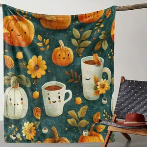 Comfortable Flannel Shawl Blanket  with Coffee Floral Pumpkin Patterns Soft Warm All-Season Gift for Sofa Bed Car Office Camping  blush teen bedroom decor home comfort Coquette Micro Fleece Air Conditioning Funny Face durable birthday celebration