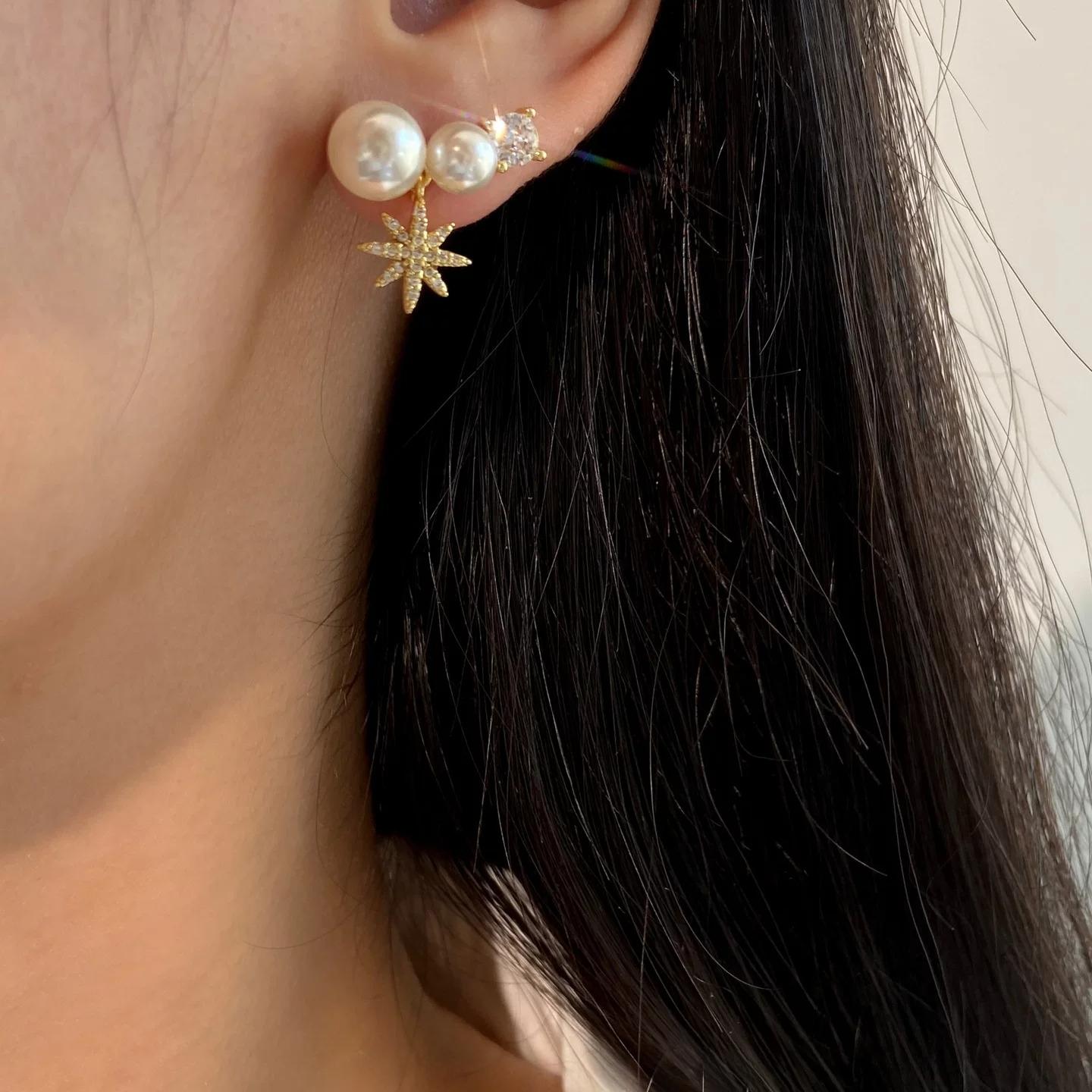 Sparkling Zircon Octagram Pearl Earrings Light Luxury High-End Jewelry Gift shell pearl