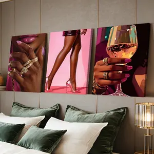 3 Counts Wooden Framed Canvas Painting, Elegant Woman With Gold Jewelry And Wine Glass Images, Exquisite Poster, Perfect Living Room Decoration, Modern Art, Fashion Family Poster, Wall Art Decoration, Waterproof Art