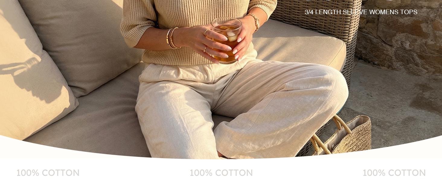 Arach&Cloz Womens 100% Cotton 3/4 Length Sleeve Sweater Crochet Tops Shirts Casual Blouses Resort Wear Summer 2026