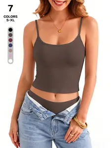 Women's Scoop Neck Cami Tank Top, Sexy Form-Fitting Cropped Spaghetti Strap, Summer Tummy Control Leg-Lengthening Casual Camisole