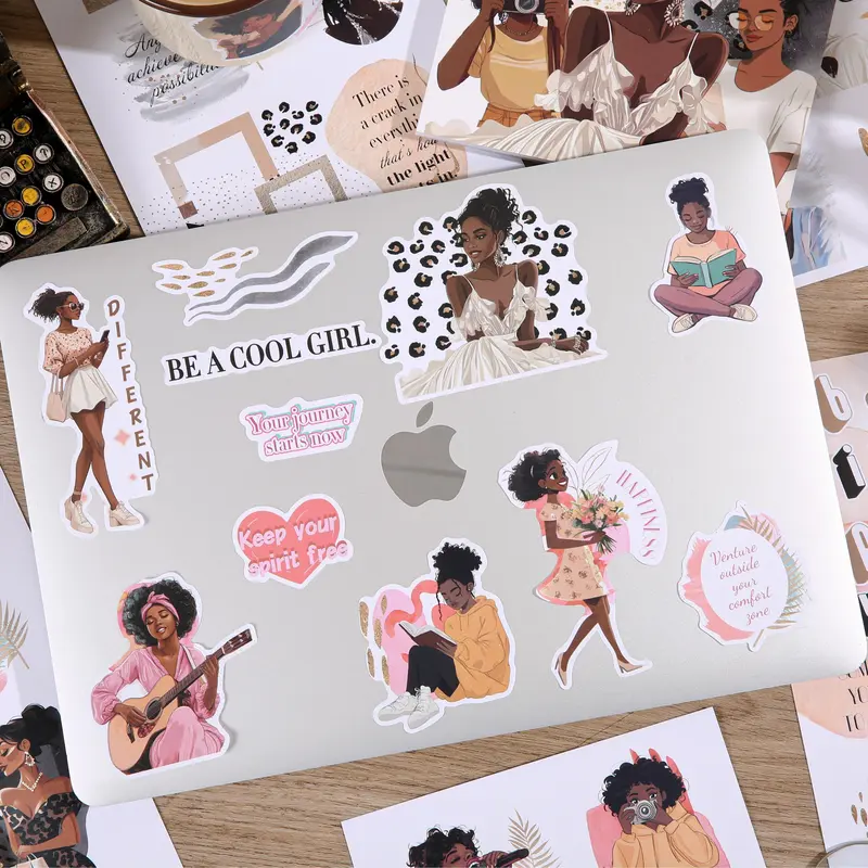 Women's Aesthetic Sticker Book - 24-Page Water-Resistant Vinyl Album, Hand-Drawn Black Girl Design, DIY Collage Book Stickers, Scrapbook Supplies for Enhancing Your Planner & Junk Journal