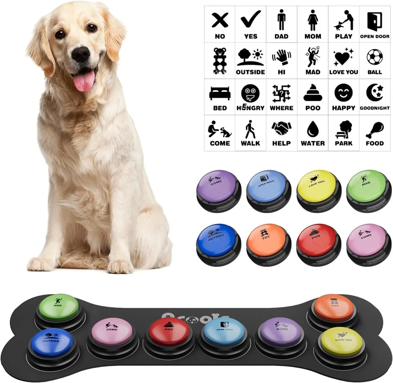 Buttons for Communication, 8 count  Talking Button Set, 30s Recordable Voice Pet Buzzer  Buttons, Speaking Button for Dogs with  Anti-Slip  Button Mat and 48 Scene Stickers
