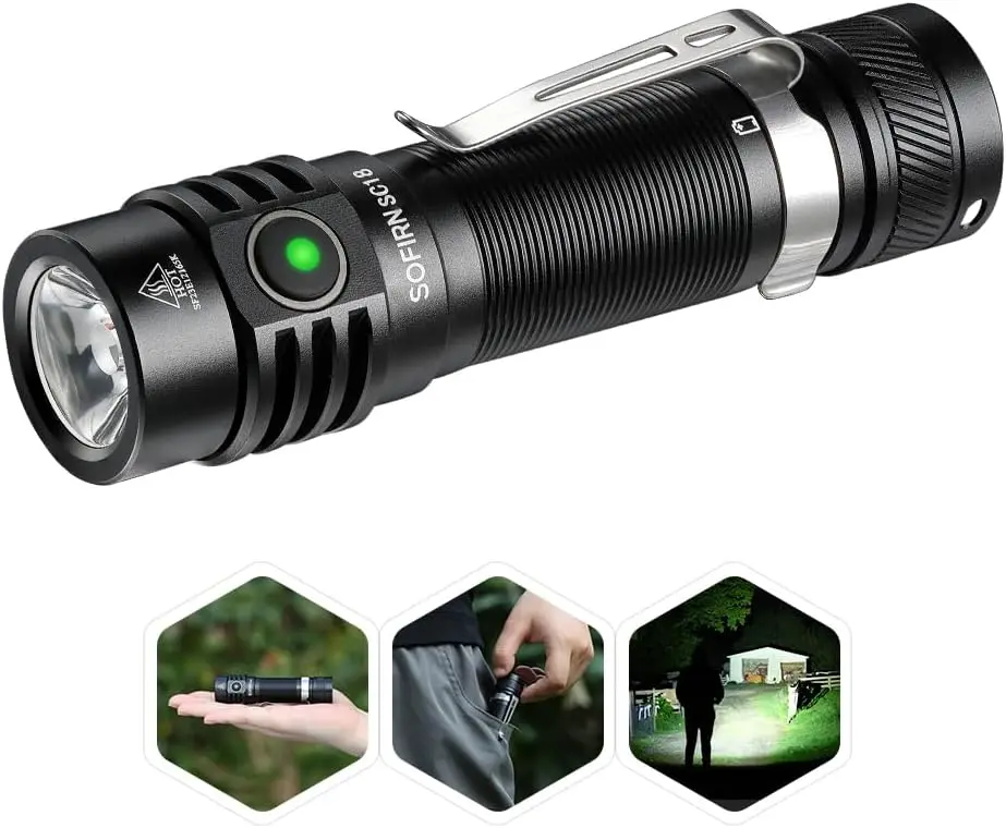Sofirn SC18 EDC Lightweight Rechargeable LED Flashlight, 1800 High Lumen Moon-Ready Pocket Torch, Water Resistant, USB-C Charging Port for Camping, Emergency Use, Led Lights, 1800 Lumens Max Edc Waterproof Flashlight