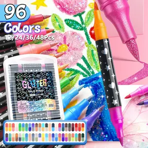 12-48 Piece Dual Tip Glitter Markers Set, Two Color Watercolor Pens and Fluorescent Pens, Rich Colors Soft Tips, DIY Crafts Supplies