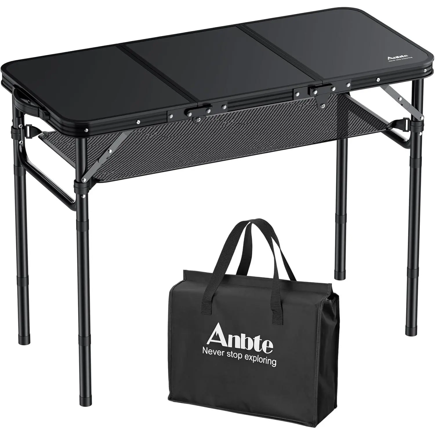 Anbte Folding Camping Table with Storage Net, 3ft Camping Table Aluminum Folding Table with 3 Adjustable Height Max 27.5 Inch Picnic Table Portable Table for Outdoor Backyard BBQ, Pure Black sohochic