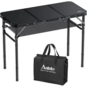 Anbte Folding Camping Table with Storage Net, 3ft Camping Table Aluminum Folding Table with 3 Adjustable Height Max 27.5 Inch Picnic Table Portable Table for Outdoor Backyard BBQ, Pure Black