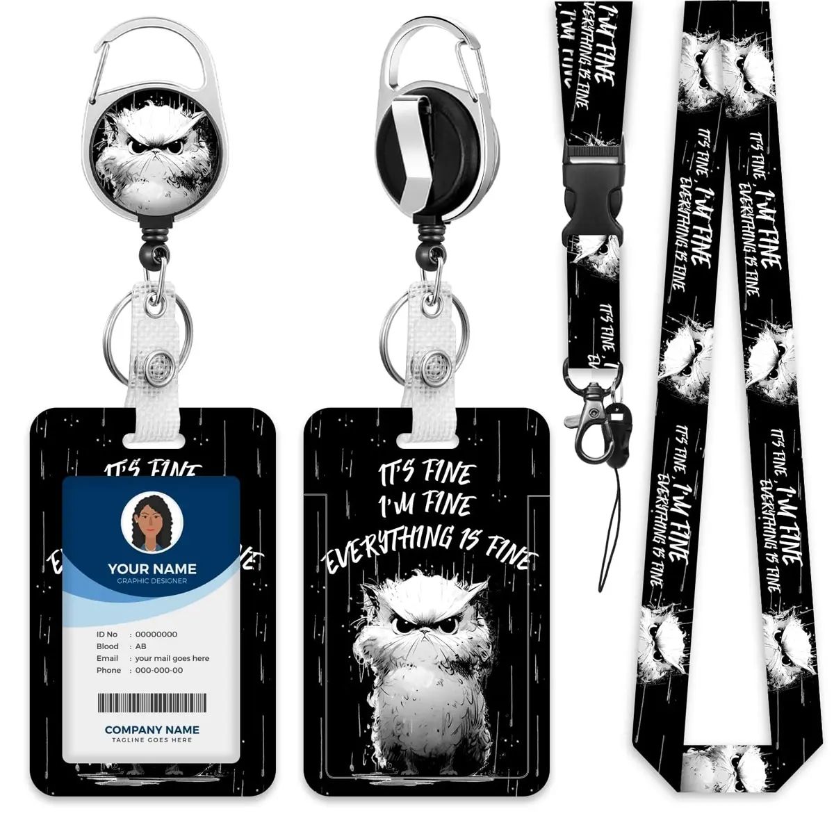 Cool Wind Cat ID Badge Holder Set, Id Badge Holders Retractable, Personalized Lanyard with Retractable Reel, Vertical Card Case for Teachers, Nurses, Office Workers