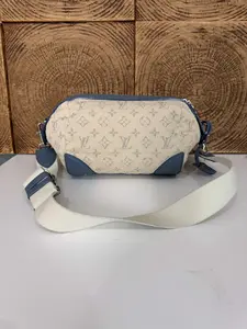Pre-owned Louis Vuitton Deauville Mini Bag in Beige Monogram Canvas & Blue Leather