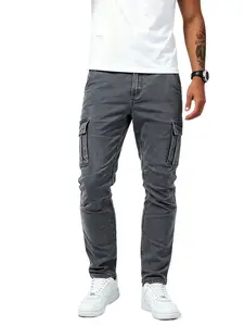 Men Washed Slim Fit Cargo Jeans Multi Pocket Stretch Denim Jogger Pants Casual Streetwear Fashion Trousers for Everyday Wear
