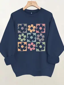 Women's Background Colorful Floral Square Pattern Fitted Sweater, Casual Long Sleeve Pullover, Medium Stretch