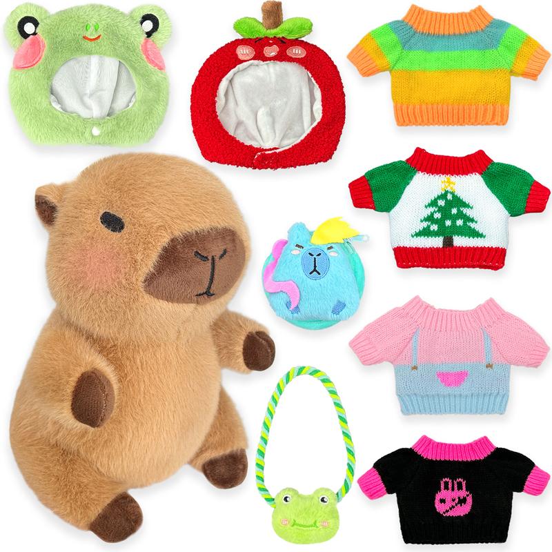 Capybara Plush with 9 pcs Clothes & Accessories, 10.2 in Cute Capybara Stuffed Animal Plush Toys, Little Gifts for Girls