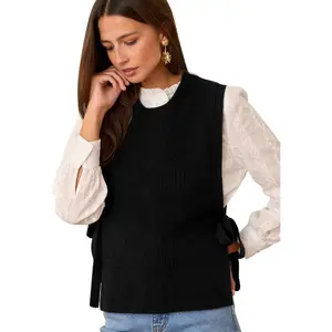 Sweater Vest for Women Crew Neck Side Tie Sweater Vest 2025 Trendy Vest Side Slit Tank Tops Rib Knit Sweater Strappy Tops, Black - S