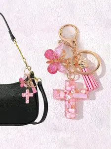 Resin Cross Keychain, Bag Pendant Keychain for Women Girls, Butterfly Charm & Tassel Design, Fashion Jewelry Gift, Perfect for Easter Baptism Parties