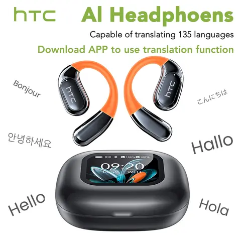 HTC NE27 Translator Earbuds Compatible with iOS and Android, Open Ear Earphones Supports 135 Languages Real-Time Translation, Bluetooth-compatible Earbuds with LCD Touch Screen Case and Long Battery Life, Wireless Audio Earbuds, Gift