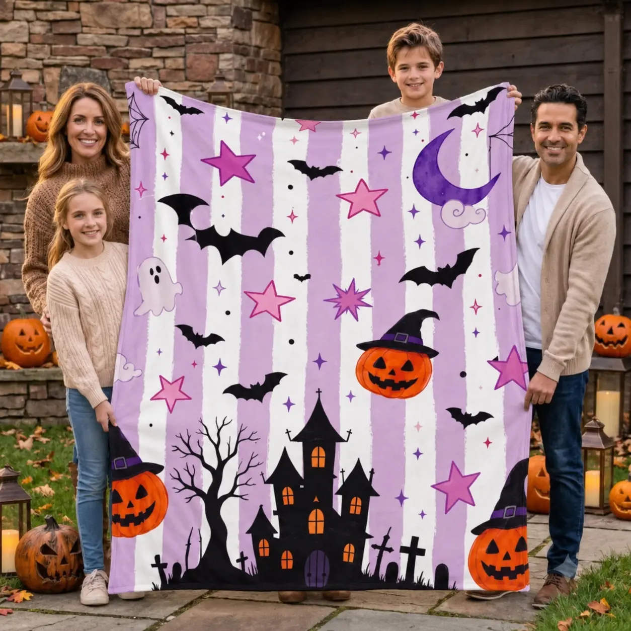 Personalized Halloween flannel blanket featuring purple ghosts, pumpkins, and a haunted house; a soft, cozy blanket for girls—perfect as a Halloween bedroom decoration or gift.