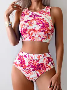 Tie Dye High Waisted 2 Piece Swimsuit for Women - Racerback Tank Top & High Cut Tummy Control Bathing Suit, Sporty Modest Swimwear for Beach Pool