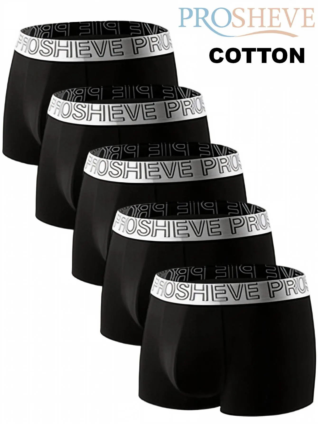 ProSheve Men's Cotton Boxers, 5-Pack Black Plain Cotton Blend Moisture-Wicking Underwear, Mid Waist No-Roll Letter Print Waistband, Contoured Pouch, Anti-Ride Up, Flat-Locked Legs, Regular Size, All Seasons Chic Basics