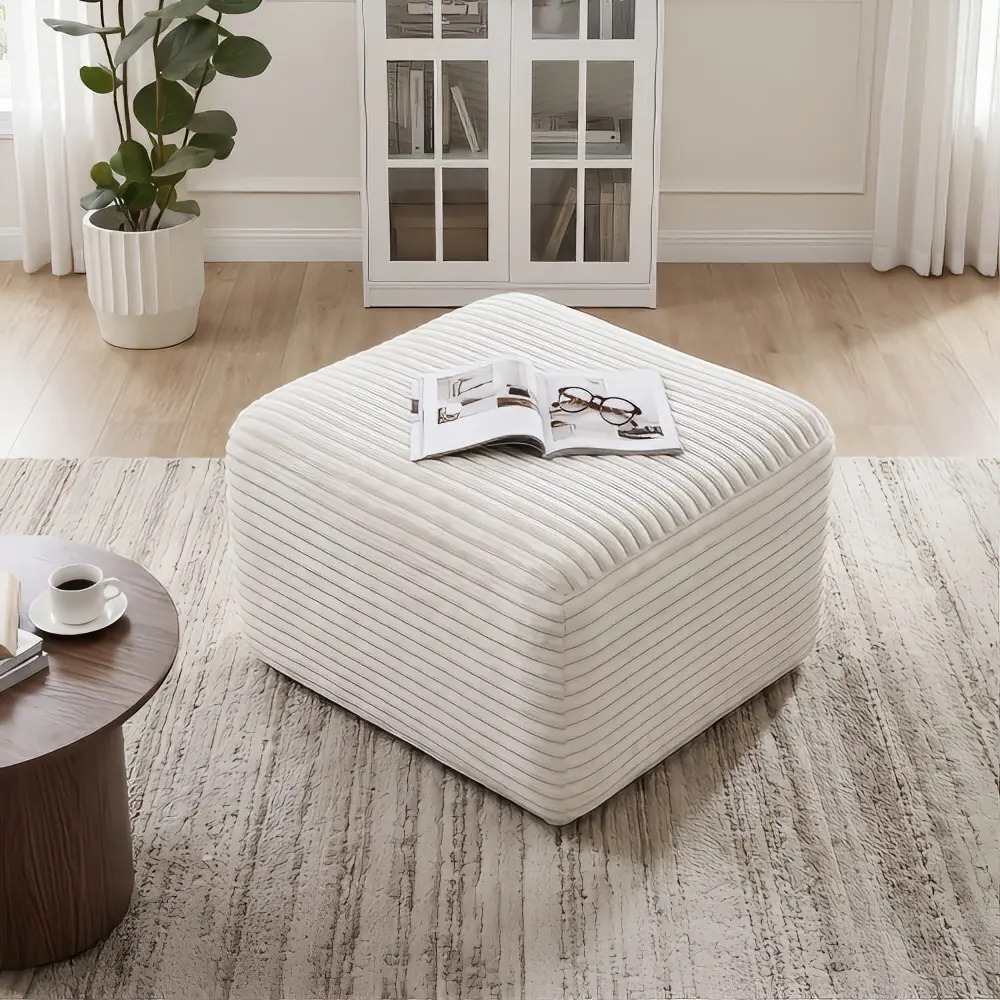 27.6" Corduroy Square Upholstered Ottoman, Soft Padded Foot Stool for Living Room Bedroom Decor