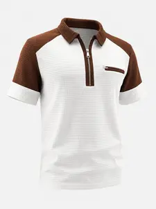 Men's Waffle Texture Comfortable Commuter Casual Shirt, Block Half-Zip Polo Short Sleeve Top, Retro Lightweight Style
