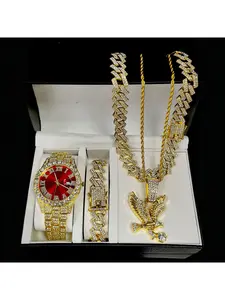 Men's High-End Trendy Quartz Watch Eagle Pendant Necklace Bracelet 3-in-1 Set Versatile Fashion Wristwatch Jewelry Daily Commute Streetwear Party Masculine Accessory