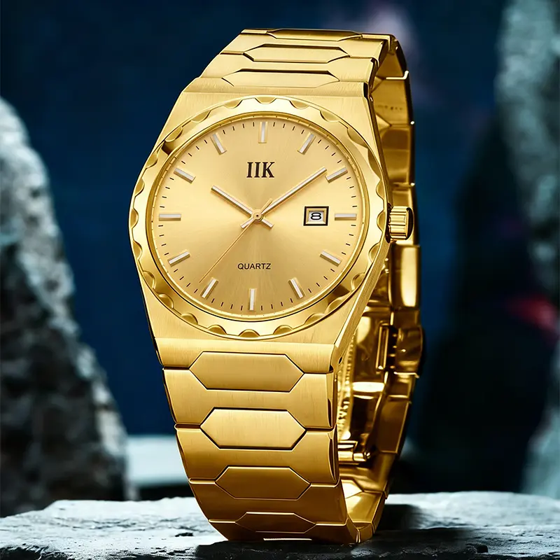 Men's Gold Quartz Watch - Luxury Business Fashion Wristwatch with All-Gold Sunray Dial, Luminous Hands, Date Window, Waterproof Integrated Link Stainless Steel Watch - Premium Gift Box Summer