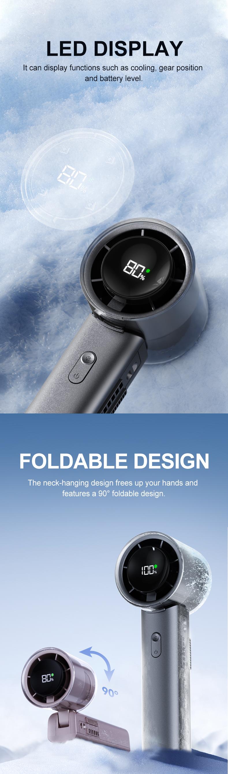 2026 New 5-in-1 High-Speed Handheld Fan, Portable Folding Cooling Fan with Ice Compress, 16°C Instant Cooling Turbo Fan, LED Display, Rechargeable Personal Fan for Travel & Outdoor