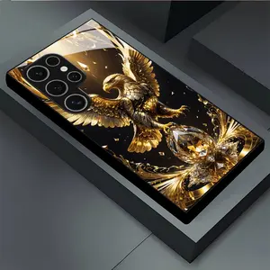 Gold Eagle Gemstone Print Protective Phone Case, Luxury Transparent Tempered Glass Craft, Fits Samsung Galaxy S25/s24/s23 Fe/a54/a53 Series Accessories Cover