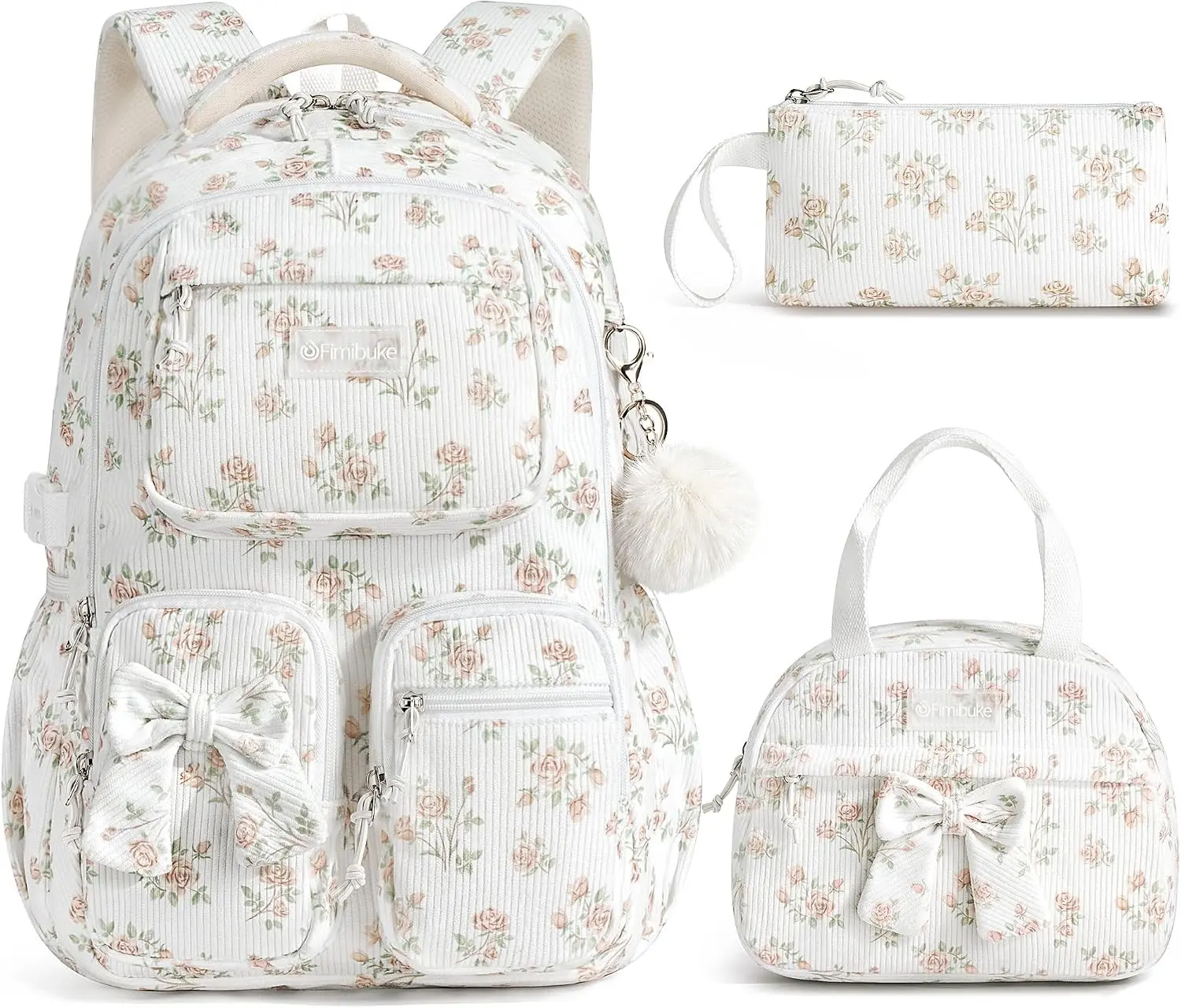 3PCS Corduroy Backpack for School Girls with Lunch Box Pencil Case | Lightweight Teen Girls Bow backpack, Kids School Bag Bookbag for Elementary Middle High School Supplies Laptop Travel Daypack