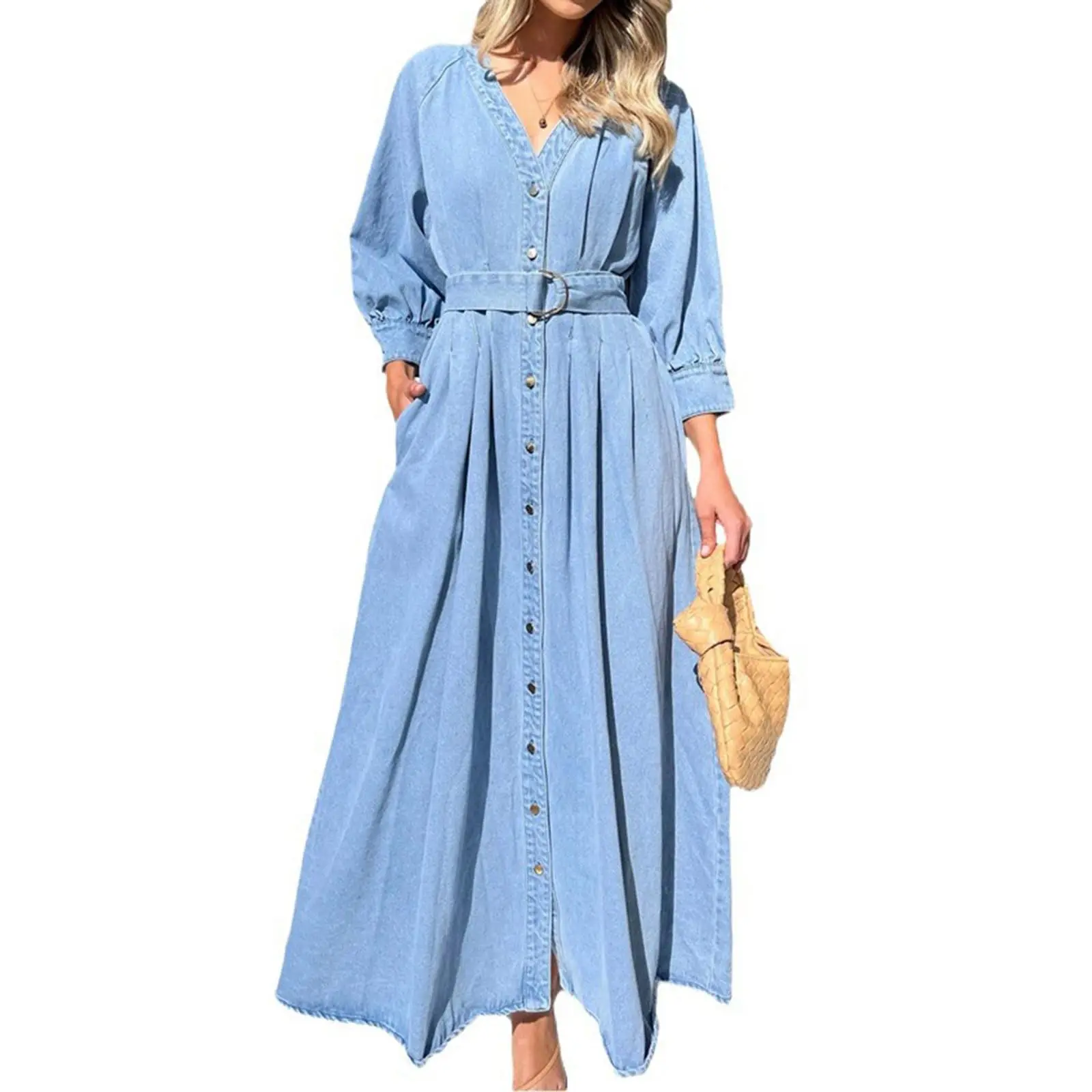 utcoco Women's Minimalist Casual Denim Dress 2026 Autumn & Winter, 3/4  Sleeve, V-Neck, High Waist Button-Front Long Skirt with Belt - TikTok Shop