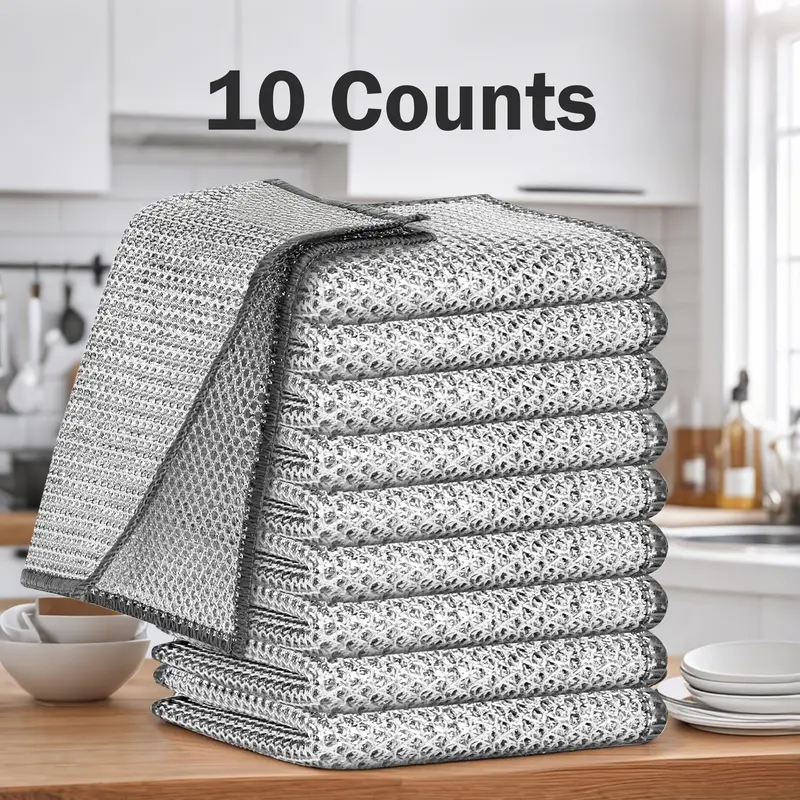 10-Count Mesh Dishwashing Rags, Long-Lasting Non-Scratch Cleaner Cloths, All-Purpose Reusable Wet-Dry Kitchen Cleaner for Sinks, Pots