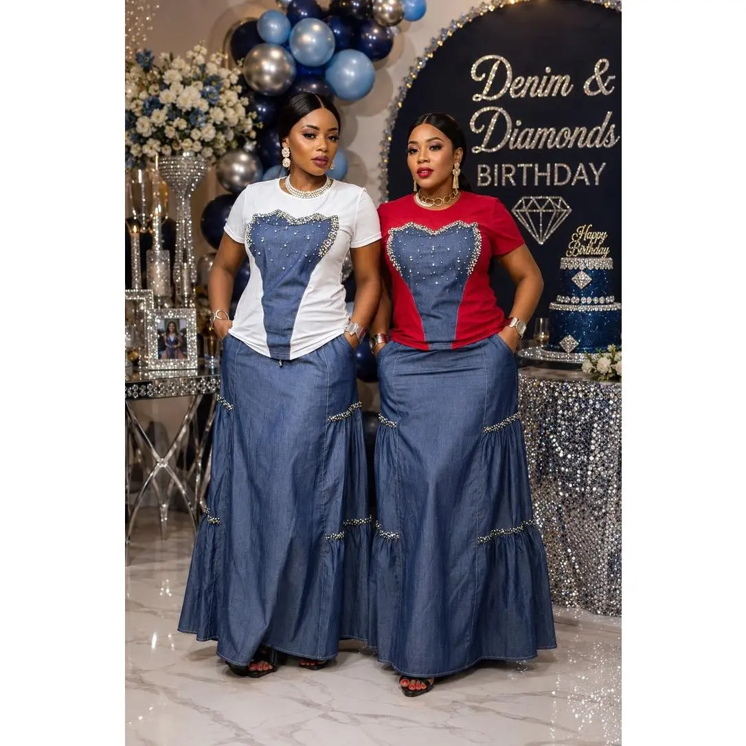 Classy Blue Denim & Diamonds Embellished 2-Piece Matching Rhinestone Top & Maxi Skirt Set, Birthday Party Dinner Photoshoot Concert Casual Wear