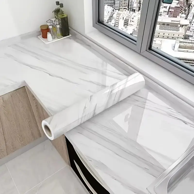 A roll of[23.62*393.70IN] self-adhesive kitchen marble wallpaper-oil-resistant, heat-resistant, waterproof, suitable for cabinets, stoves and countertops, easy to install, white marble pattern, stove top protector