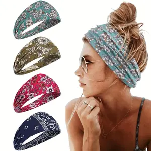 Pack of 4 Boho Bandeau Head Bands Wide Headbands for Women, Workout Head Wraps, Stretch No Slip Hair Wraps for Running, Outdoor Sports