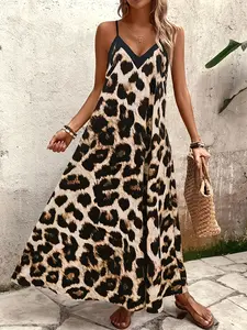Three Color Options Leopard Print V-Neck Strapless Long Dress, Lightweight Soft Sleeveless A-Line Maxi Dress, Elegant Evening Gown
