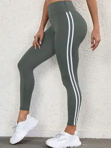 Elastic Waist Striped Print Tight Leggings for Women High Waist Yoga Pants Light Grey Long Length 92% Polyester 8% Elastane All Seasons